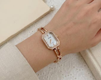 Rose Gold Crystal Link Watch, Octagon MOP Dial, Elegant Women's Dress Watch