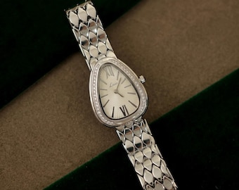 Silver Snake Link Watch, Diamond Bezel, Sunburst Dial Women's Bracelet
