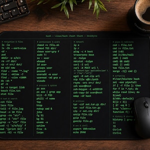 Könnte beinhalten: Eine rechteckige schwarze Schreibtischunterlage mit einem grünen Aufdruck eines Linux-Bash-Spickzettels, der verschiedene Befehlszeilenanweisungen in Spalten organisiert. Die Unterlage zeigt technischen Text zu Navigation, Berechtigungen und Netzwerk.