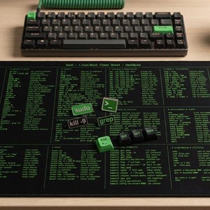 Puede incluir: Una alfombrilla de escritorio rectangular negra con una chuleta impresa en verde de instrucciones de línea de comandos Bash. La alfombrilla muestra varios comandos técnicos organizados en secciones, con varias teclas de teclado verdes y negras encima.