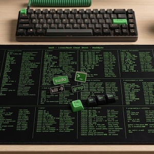 May include: Black rectangular mousepad with green text, a black keyboard, and a black mouse. The mousepad features a cheat sheet of Linux commands. Green and black keyboard keys are scattered on the mousepad. A black mug with coffee sits on a coaster.