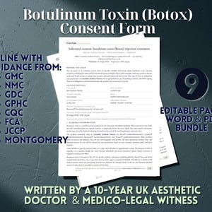 May include: A stack of white paper documents with the title "Botulinum Toxin (Botox) Consent Form" in a dark blue background. Text includes "Editable Pages Word & PDF Bundle" and "Written by a 10-Year UK Aesthetic Doctor & Medico-Legal Witness."