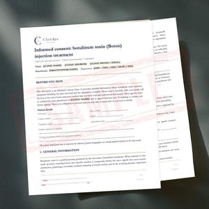 May include: A white document titled "Informed consent: botulinum toxin (Botox) injection treatment" with the Cleritas logo. The document includes sections for clinic information, patient details, and general information, with text in black.