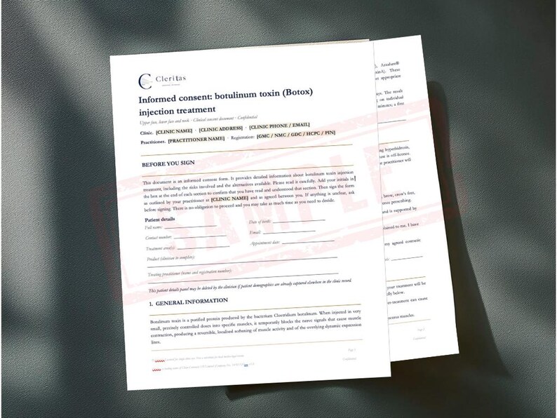 May include: A white document titled "Informed consent: botulinum toxin (Botox) injection treatment" with the Cleritas logo. The document includes sections for clinic information, patient details, and general information, with text in black.