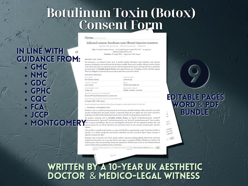 May include: A stack of white paper documents with the title "Botulinum Toxin (Botox) Consent Form" in a dark blue background. Text includes "Editable Pages Word & PDF Bundle" and "Written by a 10-Year UK Aesthetic Doctor & Medico-Legal Witness."