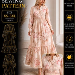 May include: Digital sewing pattern for a long-sleeved maxi dress with a floral print, featuring a button-up bodice, elastic waist, and tiered skirt. Includes size range XS-5XL, PDF files for A4, A0, and US Letter, plus DXF and HPGL formats for printing.