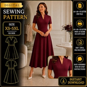 Women V-Neck Midi Dress Sewing Pattern, Fit Flare Short Sleeve (Digital Download)