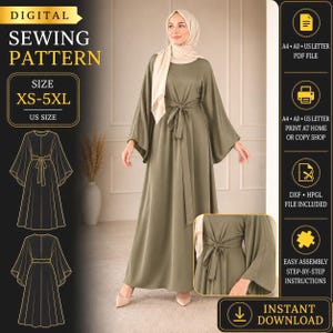 Modest Batwing Dress Sewing Pattern, Tie Waist Abaya PDF (XS-5XL)