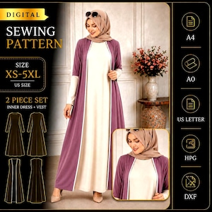 Peut inclure: Patron de couture numérique pour un ensemble deux pièces, comprenant une robe intérieure et un gilet, en tailles XS-5XL. L'image montre une femme portant la tenue, une longue robe crème avec un gilet violet. Le texte sur l'image dit "DIGITAL SEWING PATTERN".