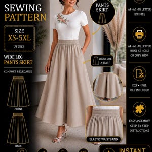 Wide Leg Pants Skirt Sewing Pattern PDF Xs-5XL | Shirred Waist Palazzo Pants | Culottes Sewing Pattern | A4 A0 DXF HPG