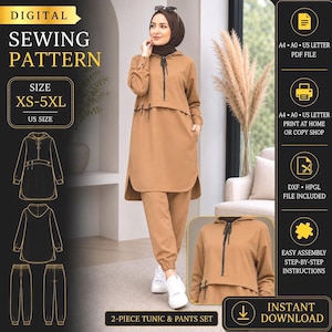 May include: A digital sewing pattern for a two-piece tunic and pants set in sizes XS-5XL. The set features a tan long-sleeved hooded tunic with a front zipper and matching tan joggers. Includes A4, A0, and US Letter PDF files for home printing.