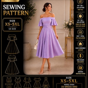 Jurkpatroon off-shoulder volant, naaipatroon dames (digitale pdf-download)