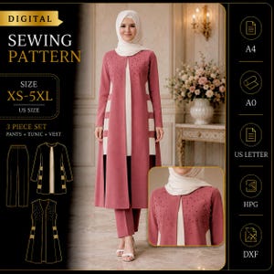 May include: Digital sewing pattern for a three-piece set, including pants, tunic, and vest. The design features a long, dusty rose tunic with white accents and a matching pantsuit. The pattern is available in sizes XS-5XL.