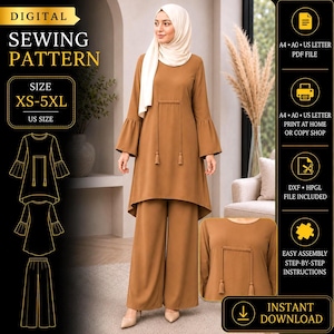Modest Tunic and Pants Sewing Pattern, Flounce Sleeve, Wide Leg (PDF Download)
