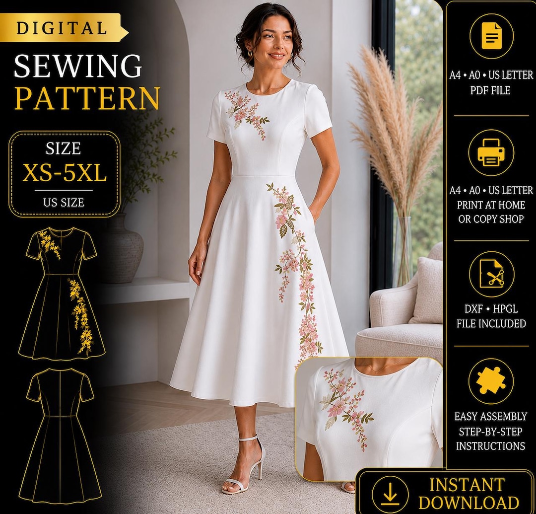 Elegant Midi A-line Dress Sewing Pattern, Women's PDF Pattern (XS-5XL)