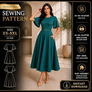 May include: A teal midi dress with a belt, pockets, and short sleeves is featured in this image. The dress is part of a digital sewing pattern, available in sizes XS-5XL. The image also includes instructions for easy assembly and instant download.
