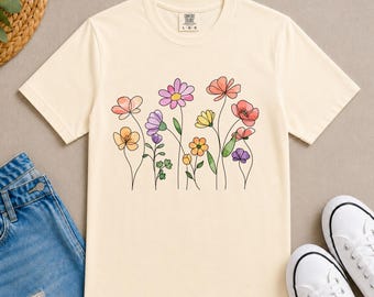 Hand-Drawn Wildflowers T-Shirt | Colorful Floral Illustration