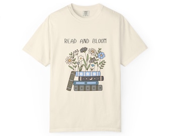 Read and Bloom Books Flowers T-Shirt | Stacked Books Graphic Tee | Literary Gift