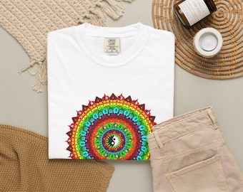 Colorful Mandala Sunburst T-shirt | Psychedelic Circular Graphic