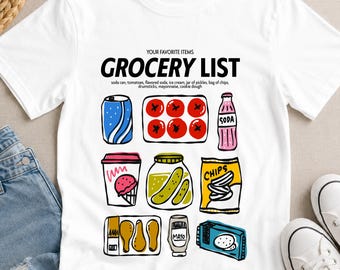 Comfort Colors Grocery List T-Shirt | Hand-Drawn Foodie Tee | Multi Color | Humor | Everyday