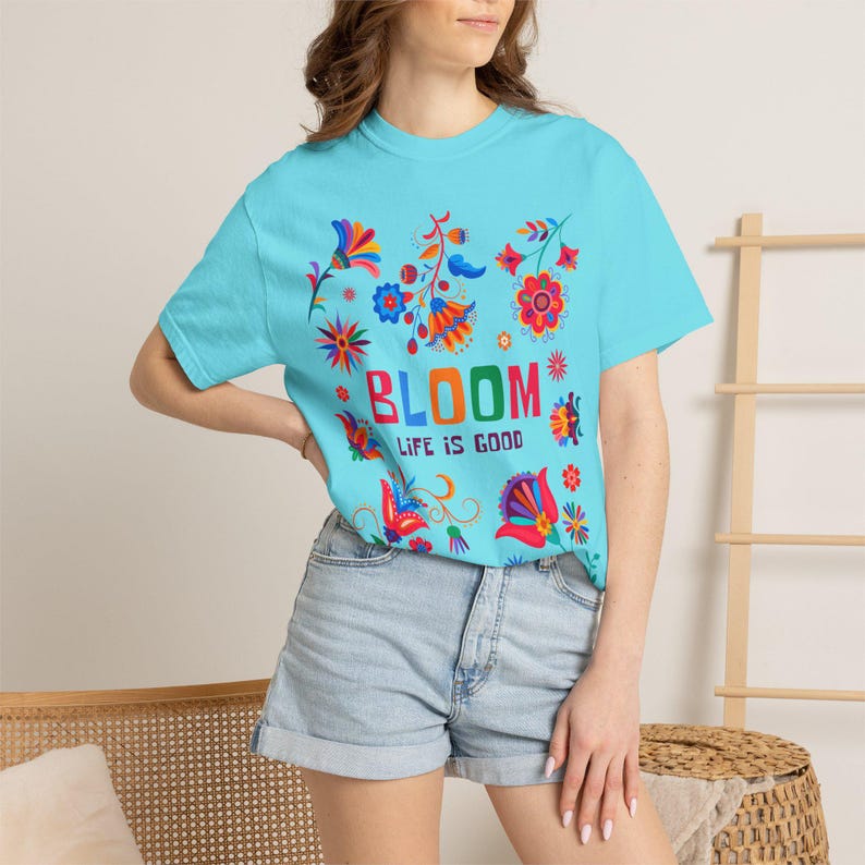 Bloom floral typography T-shirt | Life Is Good colorful flower design | Flower t shirt Lagoon Blue