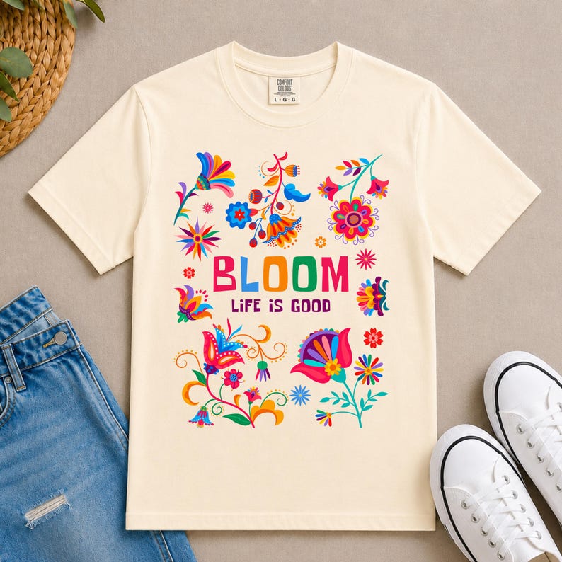 Bloom floral typography T-shirt | Life Is Good colorful flower design | Flower t shirt Ivory