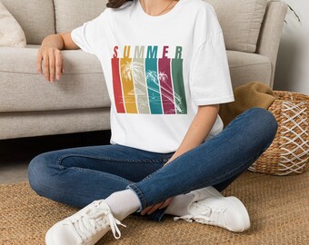 Summer Retro Palm Stripe T-Shirt | Vintage Beach Vibes