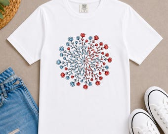 Floral Mandala Burst T-Shirt | Red Blue Flower Circle Design | Patriotic | American | USA T Shirt