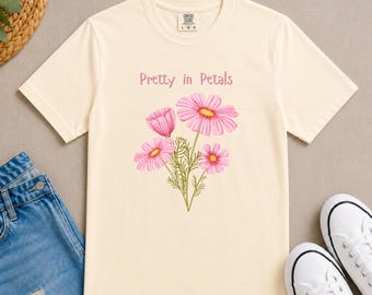 Pretty in Petals T-shirt | Pink Cosmos Floral Illustration, Garment-Dyed Cotton Tee