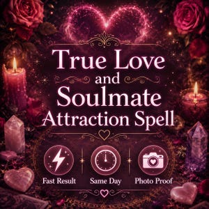 Puede incluir: Imagen mística con el texto "True Love and Soulmate Attraction Spell". El diseño presenta un corazón brillante, rosas, velas y cristales. Los iconos indican resultados rápidos, servicio el mismo día y prueba fotográfica.