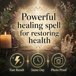 May include: An image with the text "Powerful healing spell for restoring health." The image features a lit candle, crystals, and decorative elements. Icons below the text read "Fast Result," "Same Day," and "Photo Proof."