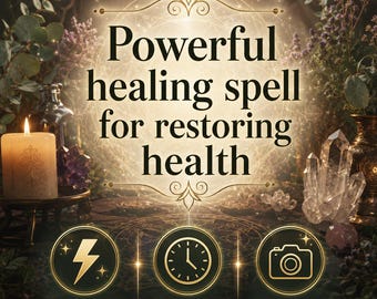 May include: An image with the text "Powerful healing spell for restoring health." The image features a lit candle, crystals, and decorative elements. Icons below the text read "Fast Result," "Same Day," and "Photo Proof."