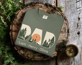 Personalized 100% Cotton Pine Forest Dad T-Shirt with Kids' Names, S-4XL