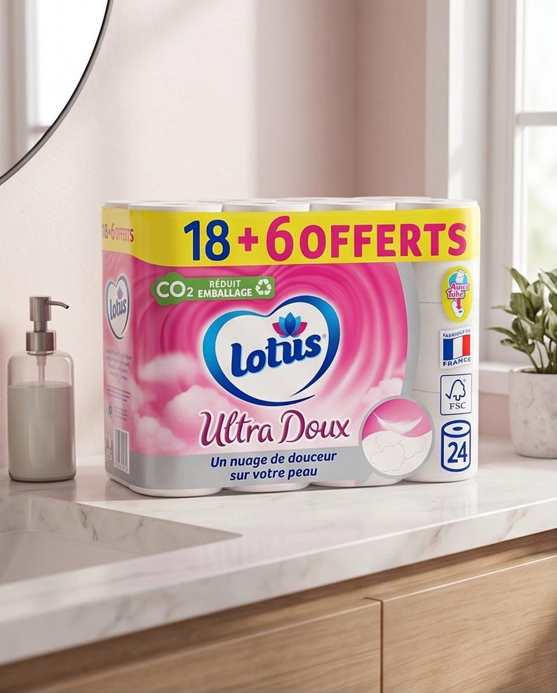 以下が含まれることがあります： ピンクと白のデザインのLotus Ultra Douxトイレットペーパーのパッケージ。パッケージには「18+6 OFFERTS」と「Un nuage de douceur sur votre peau」の文字が含まれています。パッケージは白いカウンタートップにあります。