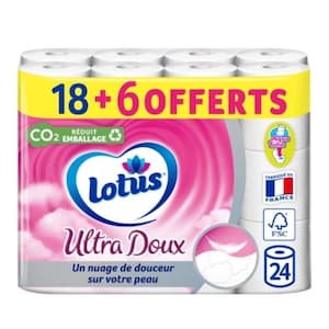 以下が含まれることがあります： Lotus Ultra Doux トイレットペーパーロールのパッケージ。パッケージは白、ピンク、黄色で、「18 + 6 OFFERTS」と「Ultra Doux」の文字が入っています。パッケージには「Un nuage de douceur sur votre peau」の文字も表示されています。