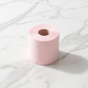 Puede incluir: Un rollo de papel higi&eacute;nico rosa p&aacute;lido sobre una superficie de m&aacute;rmol blanco. El papel tiene un patr&oacute;n texturizado y un agujero central. La iluminaci&oacute;n crea una sombra a la derecha del rollo.
