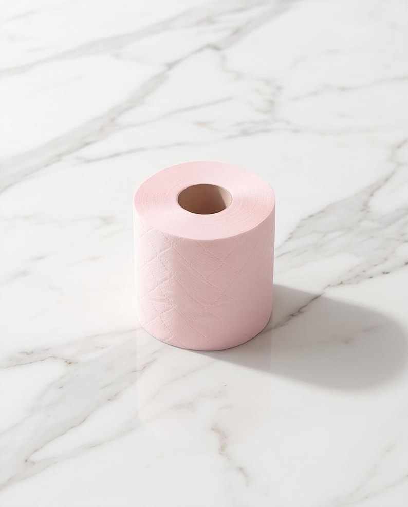 Puede incluir: Un rollo de papel higi&eacute;nico rosa p&aacute;lido sobre una superficie de m&aacute;rmol blanco. El papel tiene un patr&oacute;n texturizado y un agujero central. La iluminaci&oacute;n crea una sombra a la derecha del rollo.