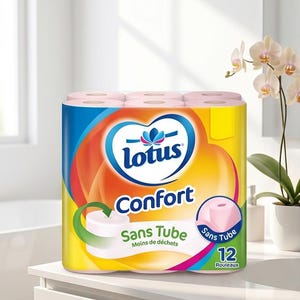 Puede incluir: Un paquete de rollos de papel higi&eacute;nico Lotus Confort. El embalaje es azul, amarillo y naranja con el logotipo de Lotus y las palabras "Confort" y "Sans Tube". Contiene 12 rollos.