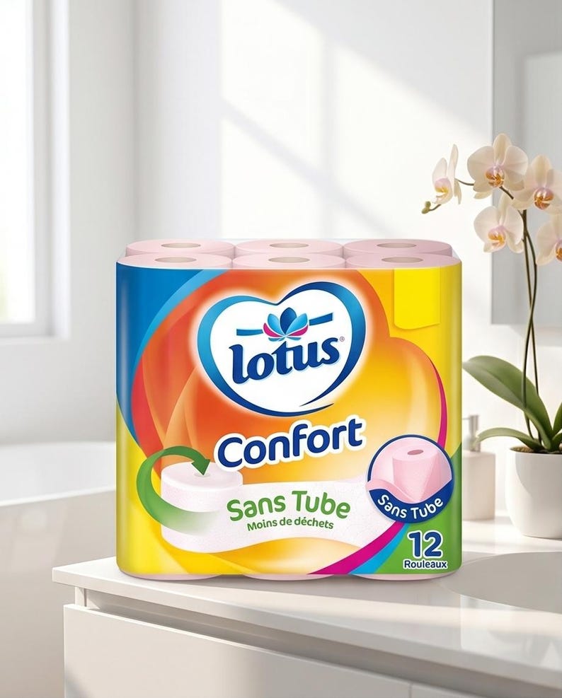 Puede incluir: Un paquete de rollos de papel higi&eacute;nico Lotus Confort. El embalaje es azul, amarillo y naranja con el logotipo de Lotus y las palabras "Confort" y "Sans Tube". Contiene 12 rollos.