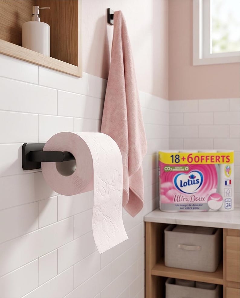 以下が含まれることがあります： 黒いホルダーにピンクのトイレットペーパーのロール、ピンクのタオル、棚にトイレットペーパーのパッケージがあるバスルームのシーン。壁はタイルの模様の白い壁です。