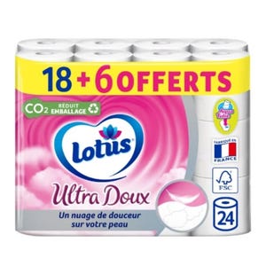 以下が含まれることがあります： Lotus Ultra Doux トイレットペーパーロールのパッケージ。 パッケージは白、ピンク、黄色で、「18 + 6 OFFERTS」と「Ultra Doux」の文字が入っています。 パッケージには、青と白のロゴと「Un nuage de douceur sur votre peau」の文字も表示されています。