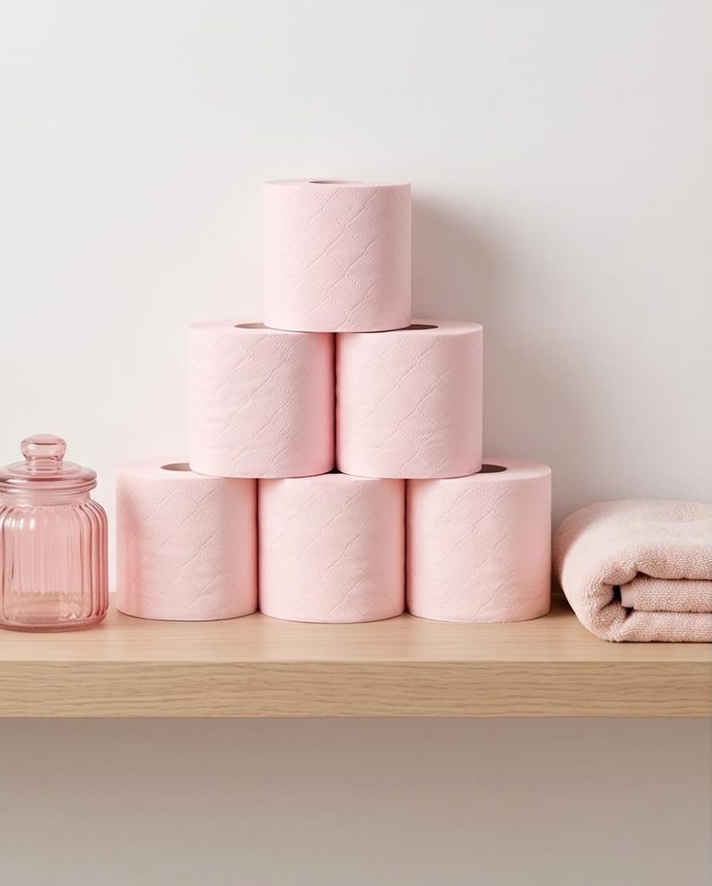 Puede incluir: Seis rollos de papel higi&eacute;nico rosa con un patr&oacute;n texturizado apilados en un estante de madera. Un peque&ntilde;o tarro de cristal rosa con tapa y una toalla rosa doblada tambi&eacute;n est&aacute;n en el estante, creando una est&eacute;tica de spa.