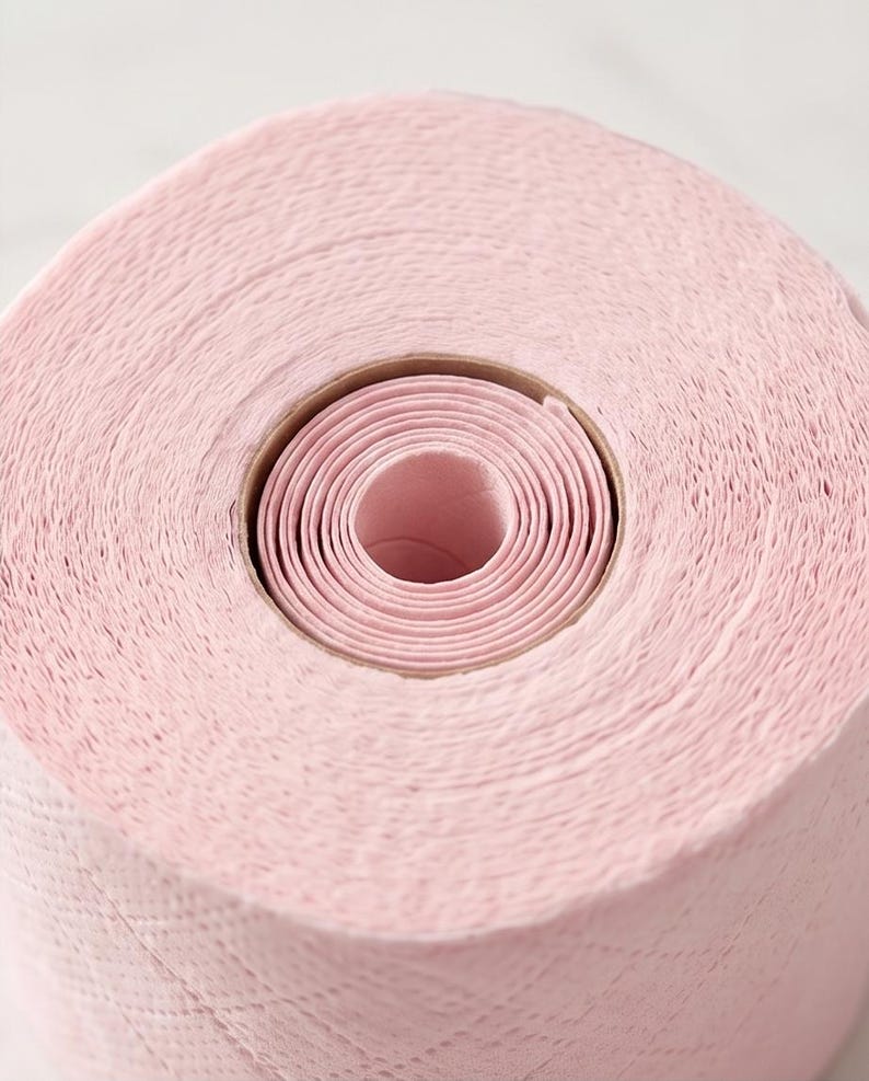 Puede incluir: Primer plano de un rollo de papel de cocina rosa. El papel est&aacute; enrollado alrededor de un n&uacute;cleo central de cart&oacute;n. La superficie del papel tiene una apariencia texturizada y el color es un rosa suave y uniforme.