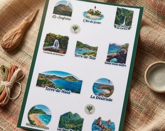Sheet of Transparent and Waterproof Stickers | Watercolor Botanical Style and Landscapes of Guadeloupe | Bullet Journal & Water Bottle Stickers (A5)
