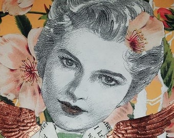 Ángel de papel en técnica mixta: Patti, alas doradas, collage vintage caprichoso