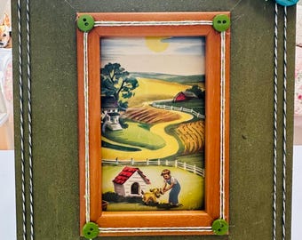 Mixed Media Collage Art, Vintage Children's Book Page, Boy Puppy Farmhouse Scene