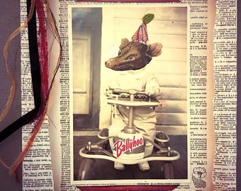 Mixed Media Artwork – Vintage Child, Rat Collage on Canvas Panel