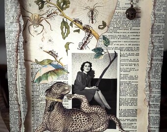Altered Art Collage – Cheetah Tamer, Vintage Dictionary Pages, Stretched Canvas Panel