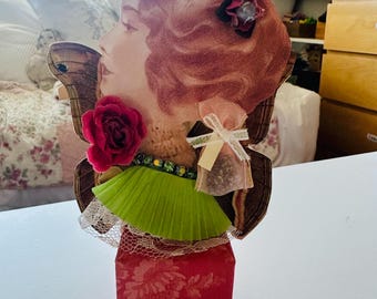 Mini Muffin Fairy Assemblage - flowers, rhinestones, vintage image, and lace.