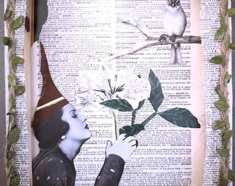 Mixed Media Artwork: Vintage Woman, Bird, Dictionary Pages (8"x10")